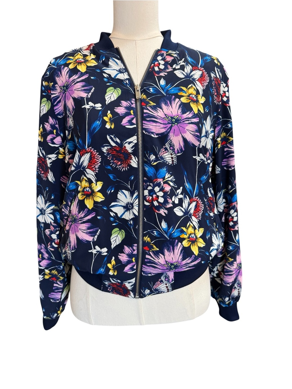 Philosophy Floral Bomber Jacket Size Small Navy Zip Front Lightweight - Picture 5 of 9
